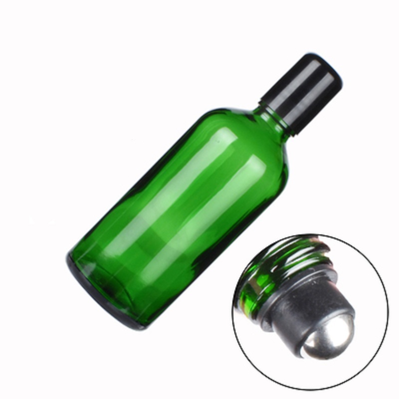 Empty Packing Green Glass Bottle Black Screw Lid Essential Oil Steel Roller Vials Portable Refillable Cosmetic Packing Container 5ml 10ml 15ml 20ml 30
