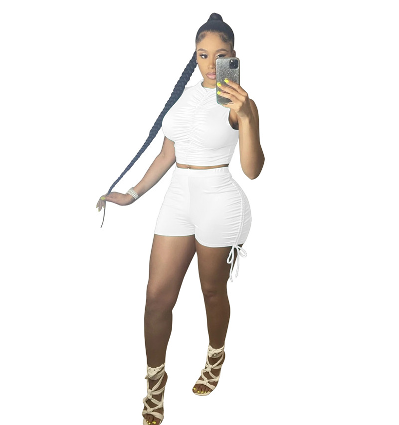 New Wholesale Women Summer Tracksuits Solid Outfits Sleeveless Shirring T Shirt Bandage Shorts Two Piece Set Casual Sports Suits Fitness clothes Bulk 
