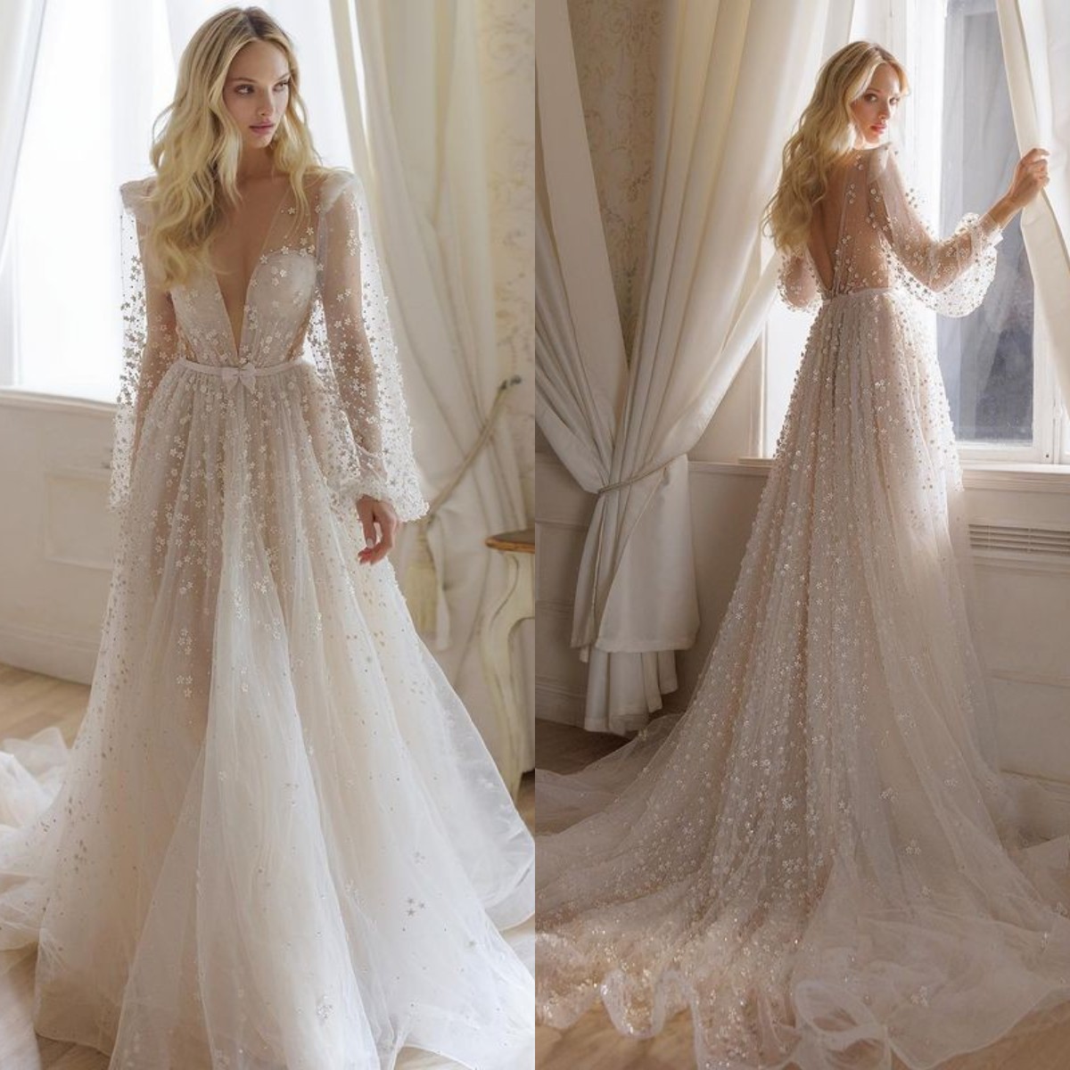 Sparkly Boho Beach Julie Vino Wedding Dress Sexy Long Sleeve V Neck Bridal Dresses Beaded Crystal Wedding Gowns Vestido de Noiva