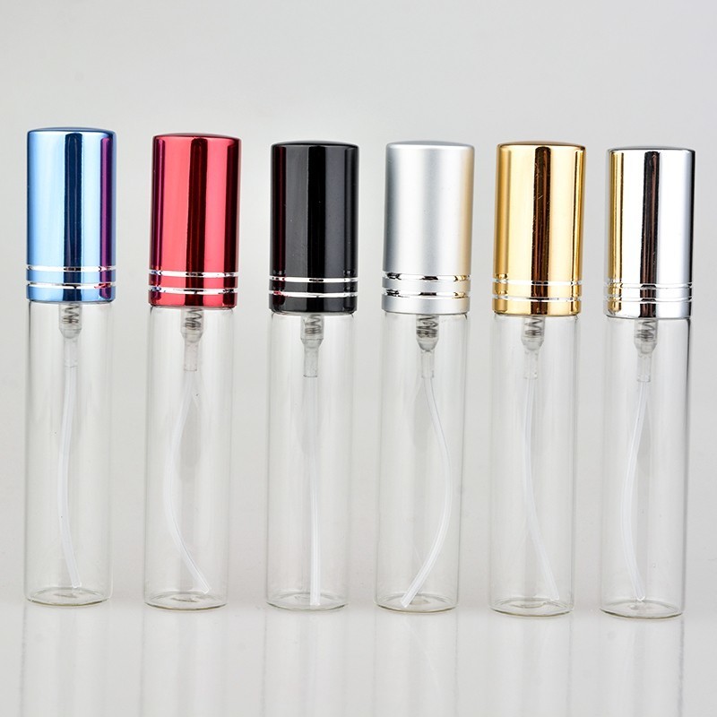 20pcs/lot 5ML 10ML 15ML Transparent Thin Glass Spray Bottle Sample Glass Vials Portable Mini Perfume Atomizer Gold Sil 220711