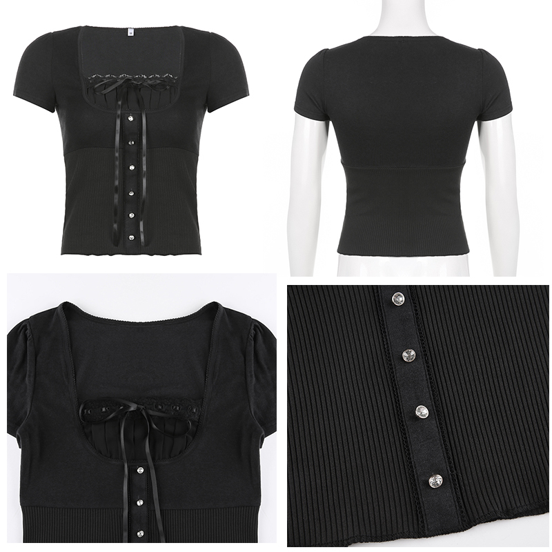 Rapcopter y2k Laec Bow Button Crop Top Knitted Square Collar Short Sleeve T Shirt Cute Sweet Summer Tee Women Prepply Korean 220714