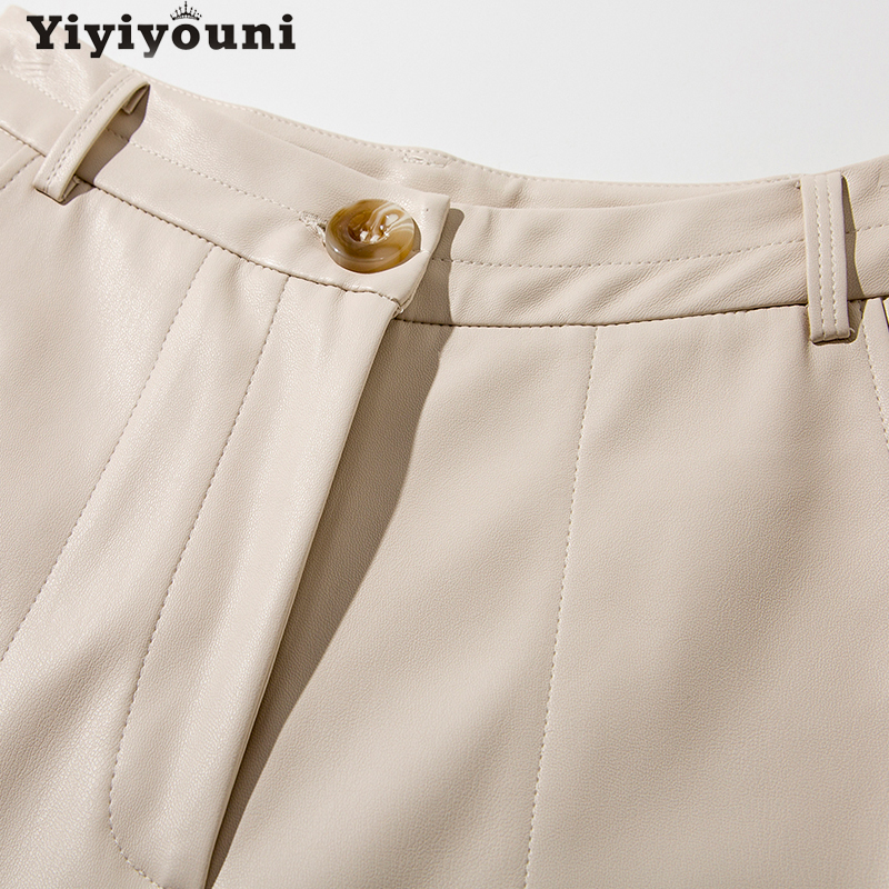 Yiyiyouni Autumn Winter High Waist Fleece PU Leather Pant Casual Faux Trouser Pockets Straight Female 220325