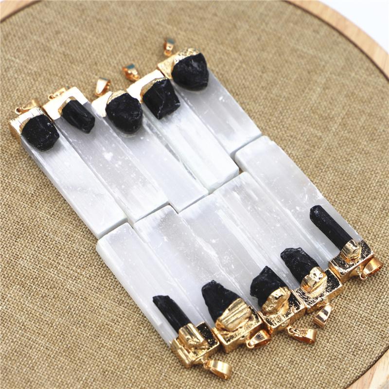 Pendant Necklaces Natural Selenite Plaster Black Tourmaline Pendants Rock Mineral Specimen Jewelry Reiki Healing Energy Charms DIY