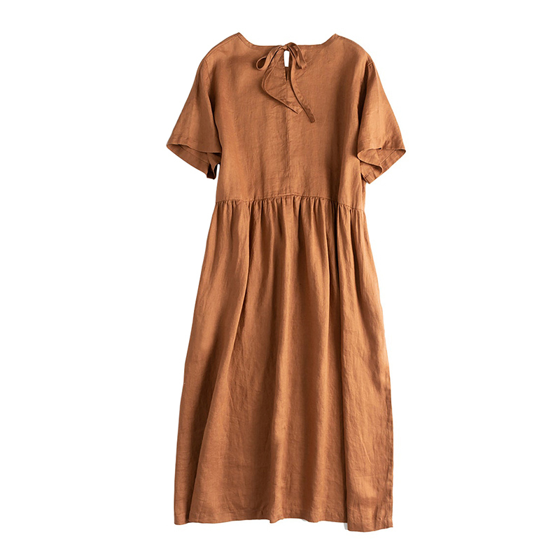 Summer Cotton Linen Women Dresses Vintage Short Sleeve Casual Loose Back Bandage Harajuku Party Club Dress With Pockets 220613
