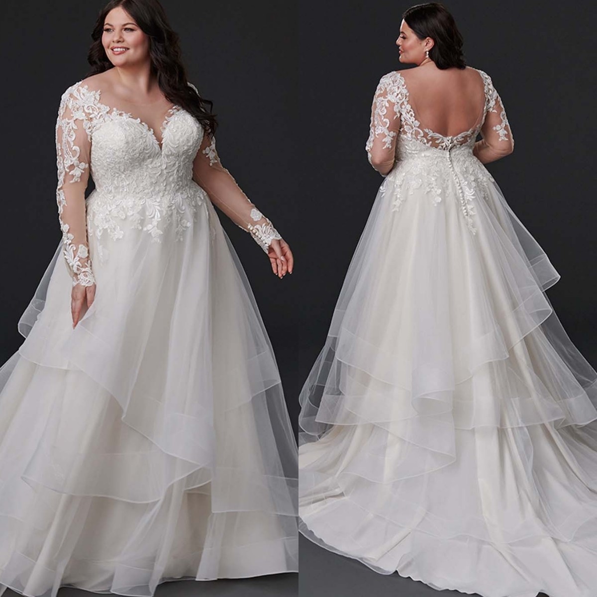 Eddy K Plus Size A Line Wedding Dress Sheer Jewel Neck Long Sleeve Lace Appliqued Bridal Gown Tiered Ruffles Robe de mariee