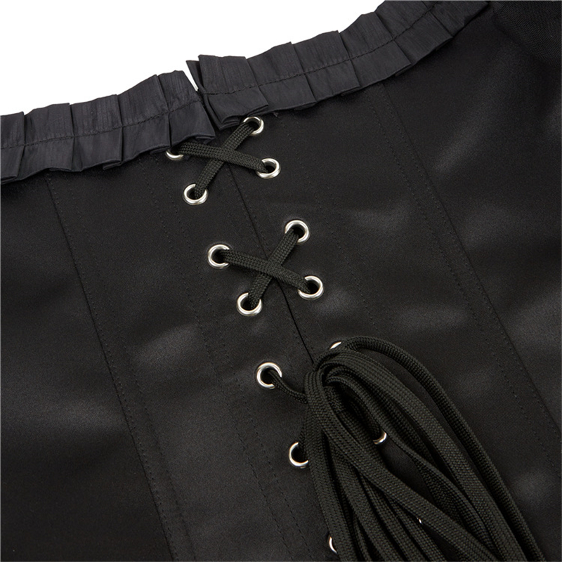 Black Satin Overbust Corset Top with Court Neck and Long Mesh Sleeves Lolita 2022 New Victorian Steel Bones Shaper Bustiers