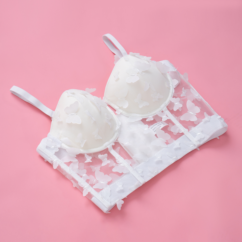Mesh Camisole Top Female 3D Butterfly Decoration Perspective Fishbone Shapewear Underwear Sexy Gathering Bra Y911 220325
