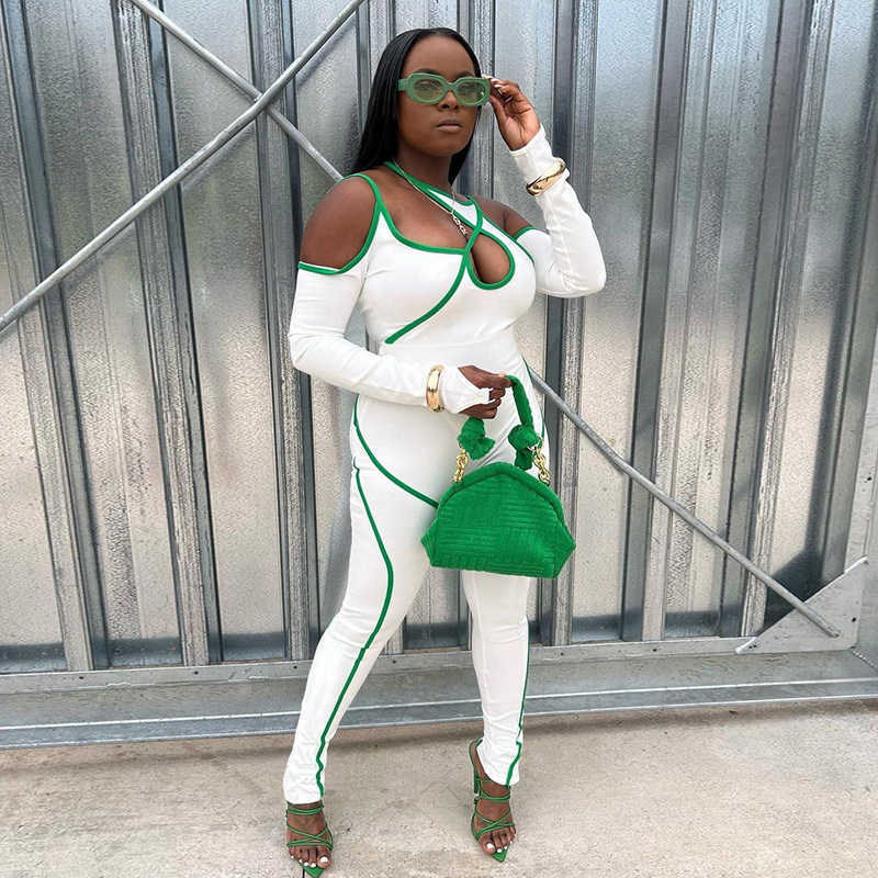 2022 women's stripe contrast color inexpensive color suspender long sleeve tight personality street fashion one-piece small leg pants