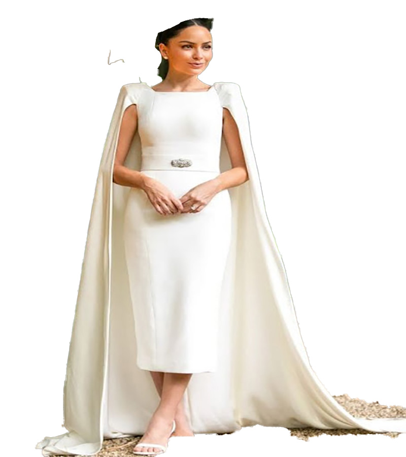 Chic Cloak Boho Wedding Dress 2022 Vintager Satin Short Country Wedding Dresses With Caped Dubai Arabic Bohemian Bridal Party Gowns Women Robe De Mari