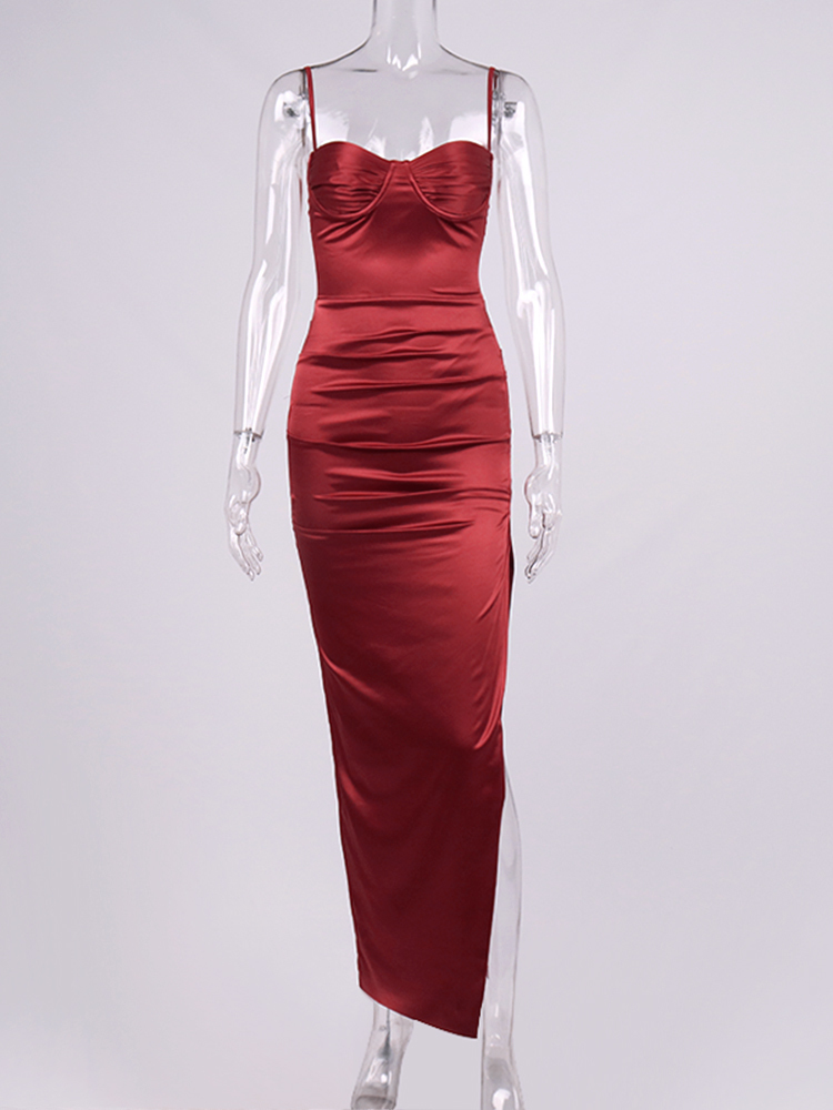 Asia Summer Satin Dress Cut out Side Split Spaghetti Strap Lining Underwire Padded Maxi Dress Elegant Party Sexy Robe femme 220511