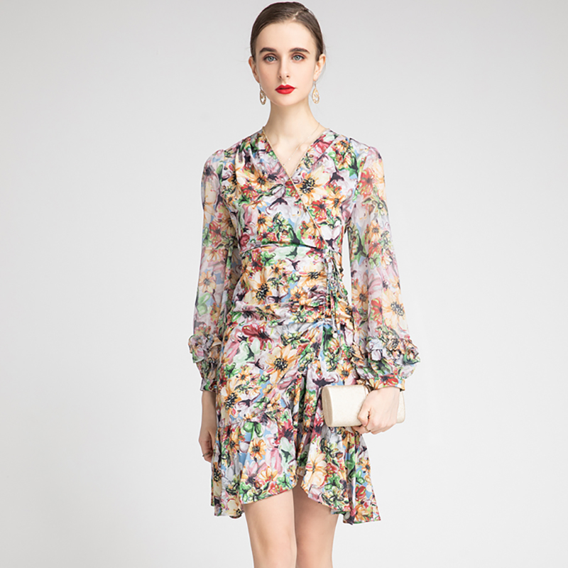 Women' Runway Dress Sexy V Neck Long Sleeves Floral Printed Draped Ruched Ruffles Fashion Sheath Designer Dresses Vestidos, Multi
Women' Runway Dress Sexy V Neck Long Sleeves Floral Printed Draped Ruched Ruffles Fashion Sheath Designer Dresses Vestidos, Multi