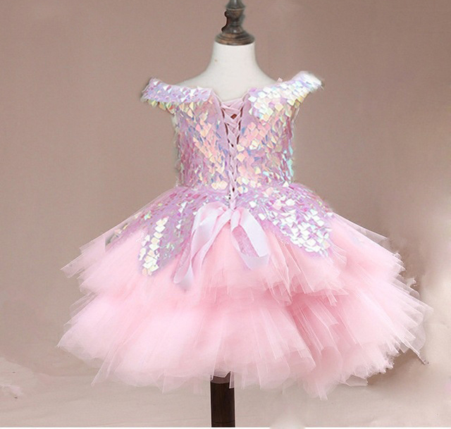 Girl Pink Flower For Wedding Lace Applique Ruffles High Low Long Sequined Girls Pageant Gowns Sweep Train Children Prom Party Dresses s