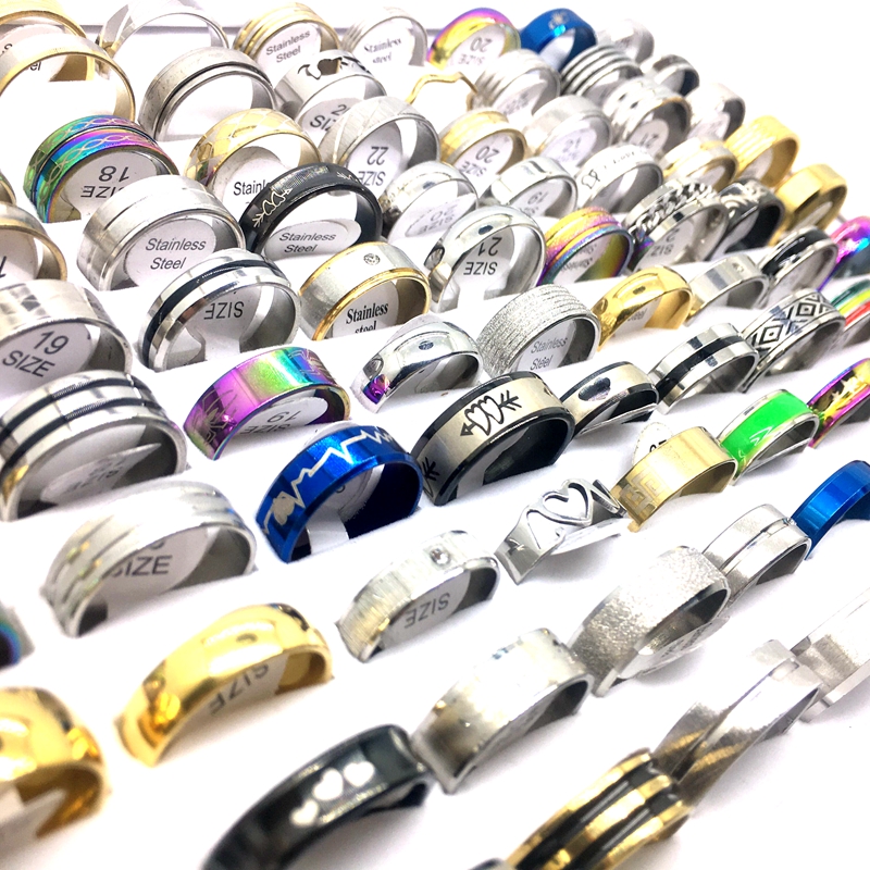 Whole 100pcsLot Stainless Steel Band Rings For Men Women Mix Styles Fashion Jewelry Finger Accessories Party Gift