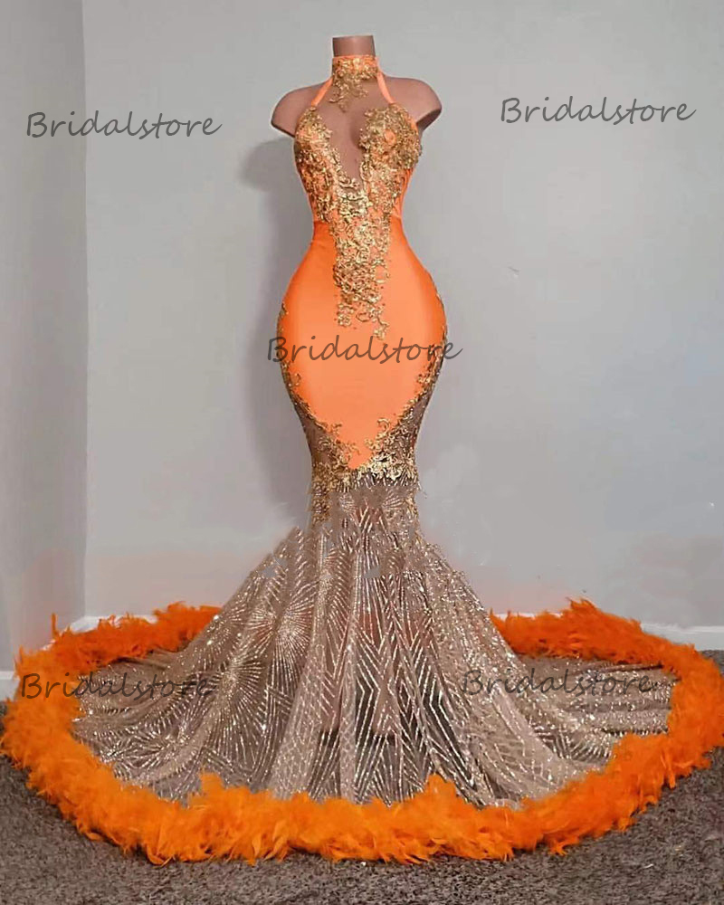 Luxury Mermaid Orange Prom Dresses Feather 2022 For Black Girls Aso Ebi Plus Size African Evening Dress With Sequined Trumpet Reception Party Gowns Ro