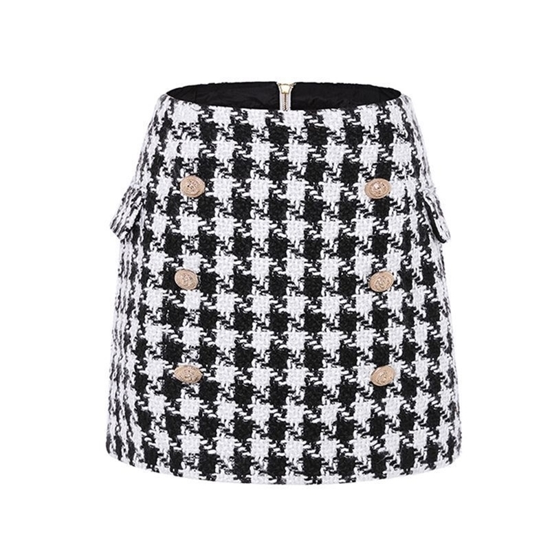 UKCNSEP Fall Winter Skirt Womens Fringed Lion Buttons Houndstooth Tweed Mini Skirt 210306