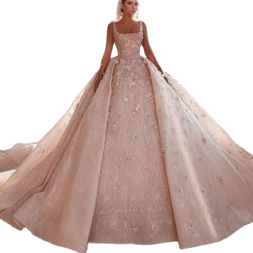 Elegant 3D Flowers Ball Gown Wedding Dresses Square Collar Vestido de Noiva Bead Sleeveless Arabic Dubai Bridal Gowns