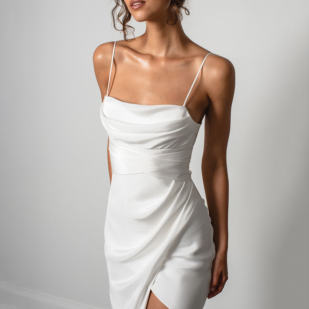 Simple Mermaid White Wedding Dress Spaghetti Straps High Slit 2023 Satin Backless Plain Beach Bridal Gown Sweep Train Vestido de Novia