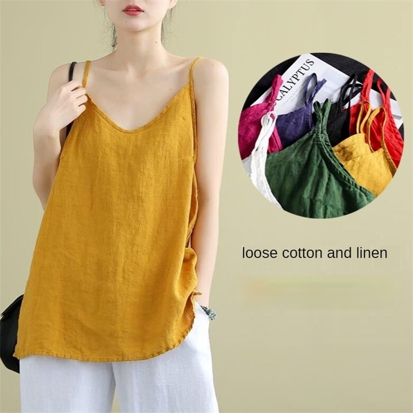 Women's Tops Spaghetti Strap Camis Cotton Linen V Neck Loose Tank Sleeveless Linens Casual Women Summer Camisole 220316