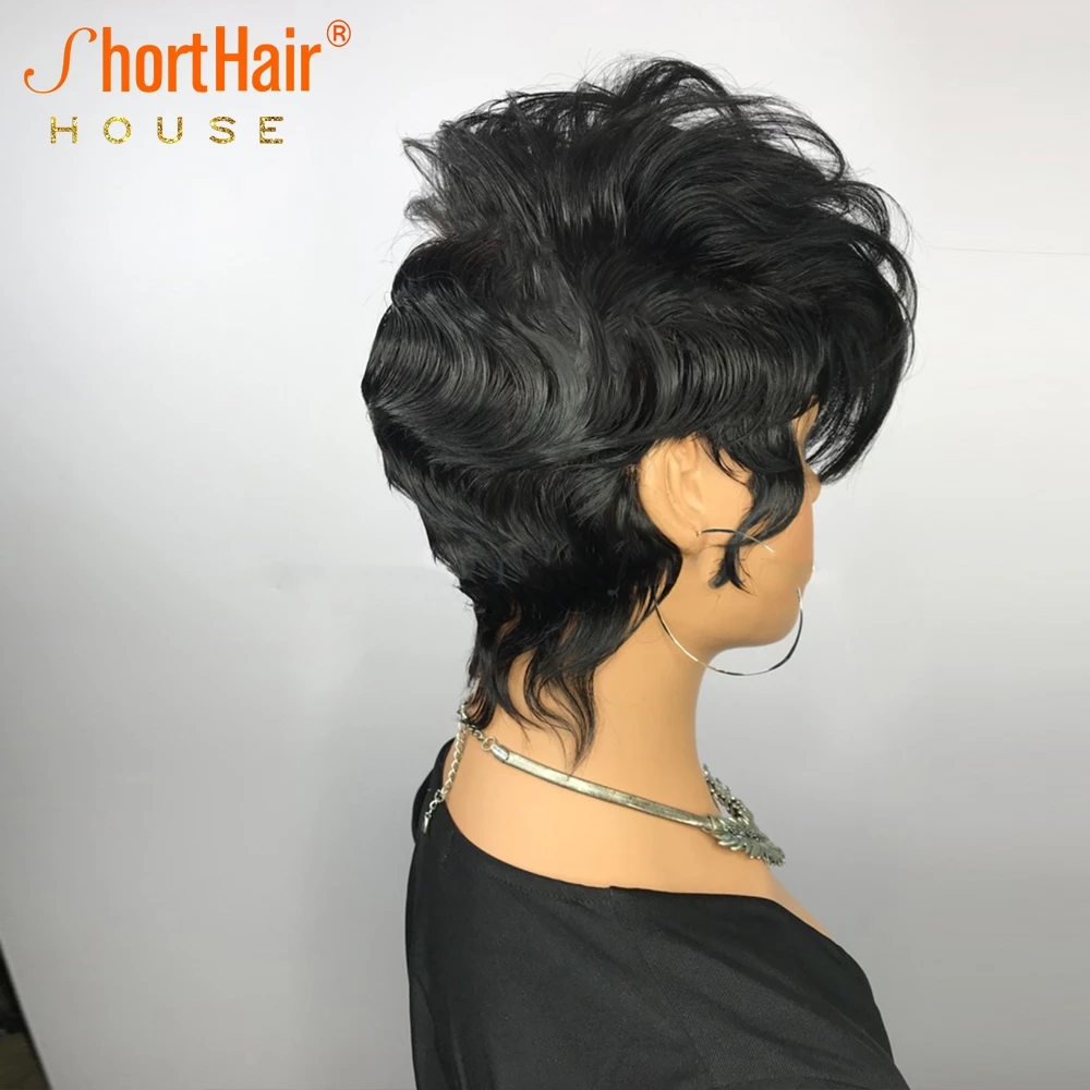 Short Pixie Cut Human Hair Wigs Bob Wavy Wig With Bangs Full Machine Made Wigs For Black Women 150% Density