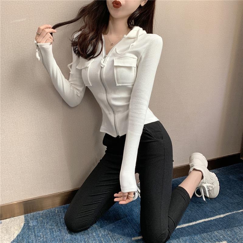 Women's Sweaters 2022 Spring Autumn Korean Clothes Hooded Pocket Sweater Women Slim Zipper Long Sleeve Stretchy Knitted Tops Z25, White;black
Women's Sweaters 2022 Spring Autumn Korean Clothes Hooded Pocket Sweater Women Slim Zipper Long Sleeve Stretchy Knitted Tops Z25, White;black