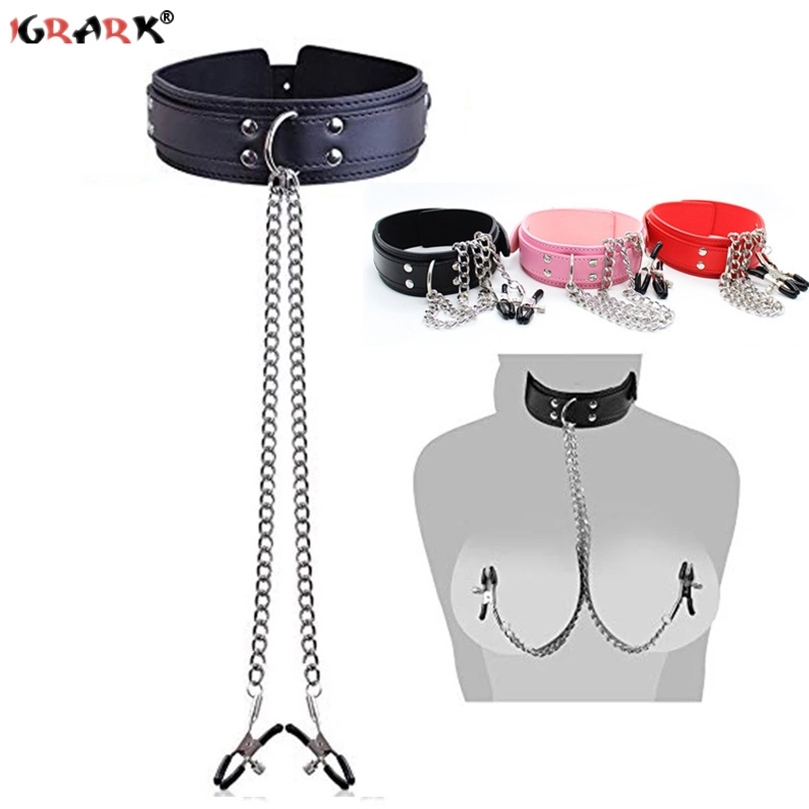 

Leather Choker Collar With Nipple Breast Clamp Clip Chain BDSM Bondage Gear Sex Toys For Women Sex Tools Couples Adult Games 220617