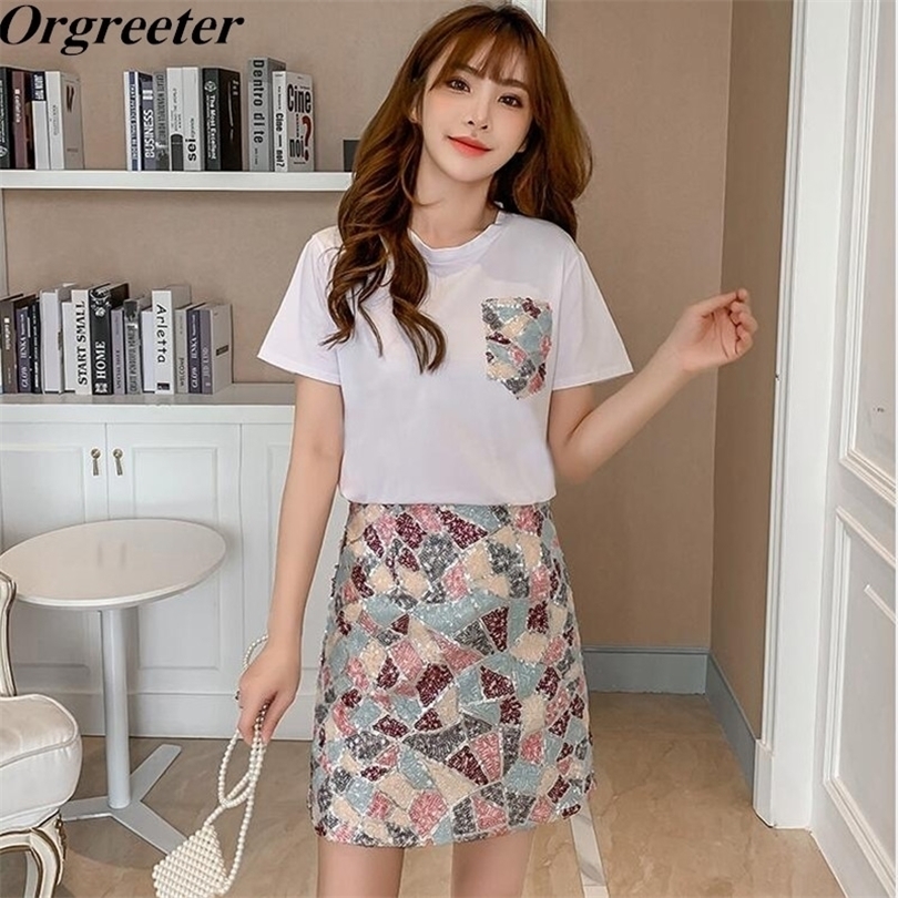 Fashion 2 Piece set Female Summer New Ladies Simple White Tshirt Colorful Mosaic Sequined Skirt Suits Casual Outfits