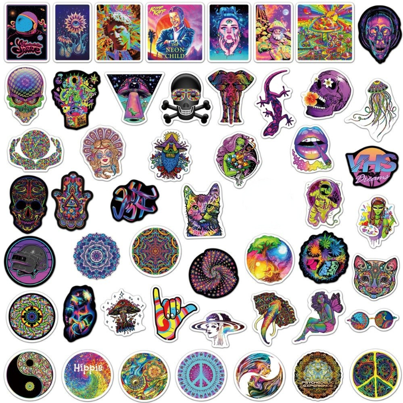 50Pcs/Lot Cartoon Psychedelic Sticker Hippie Stickers Aesthetic Art Graffiti Decals Skateboard Fridge Guitar DIY Sticker