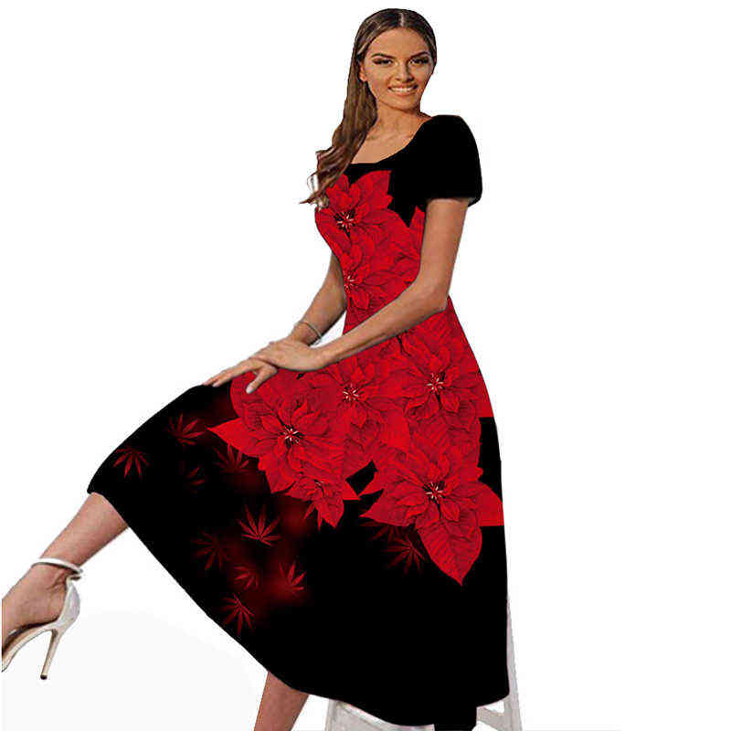 MKAKA 3D Flowers Print Dresses Women Elegant Slim Square Collar Short Sleeves Dress Beach Vestidos Spring Summer Long Dresses L220530