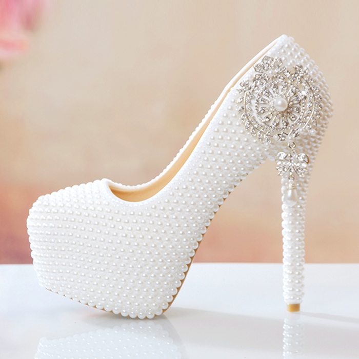 2022 White Pearls Wedding Shoes Thick kitten High Heel Shoes White Lace Pumps Princess Party Birthday Heels