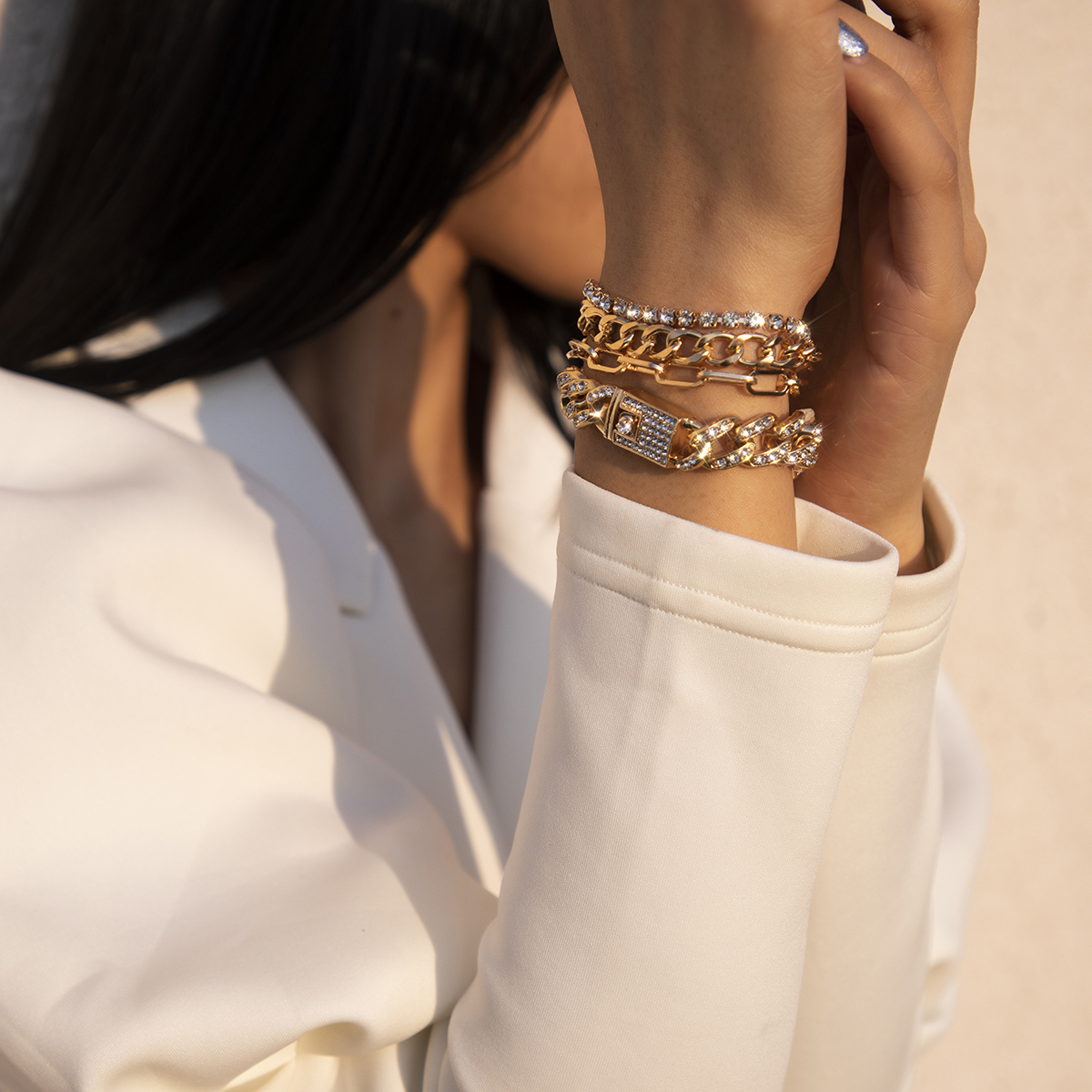 4pcs/set Luxury Bling Diamond Link Bracelet Set Tennis Cuban Bangle Bracelets for Women and Men Adjustable Clear Crystal Chunky Charms Wristband Hand 