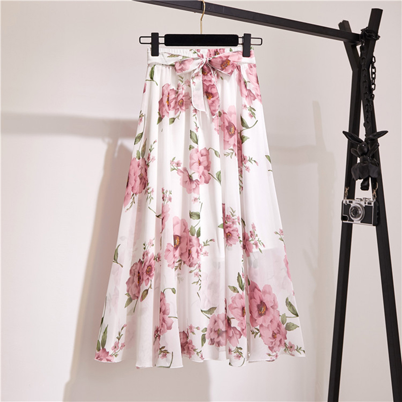 SURMIITRO Long Skirt Women Spring Summer Korean Fashion White Black Floral Print Aesthetic High Waist Midi Skirt Female 220701