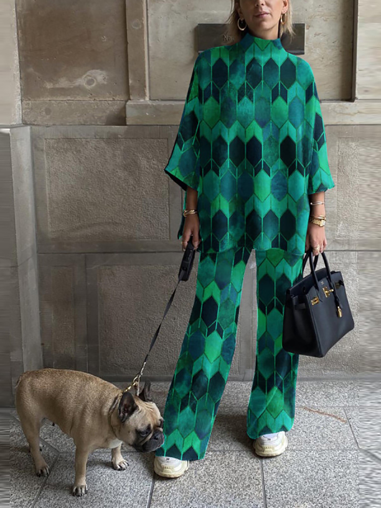 Women Loungewear Long Sleeve Wide Leg Pants Outfit Spring Autumn Turtleneck Loose Print Ladies 2PCS Set Plus Size 4XL Streetwear 220315