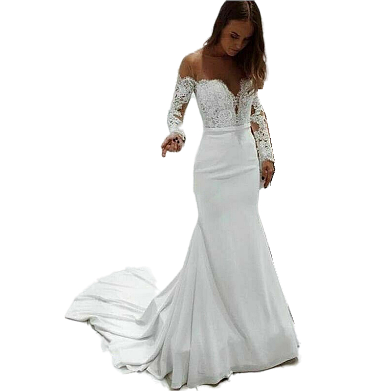 Sexy Sheer Bateau Neck Mermaid Wedding Dresses Off The Shoulder Long Sleeves Bridal Gowns Simple Lace Satin Beach Bride Dress Ivory Country Robe De Ma