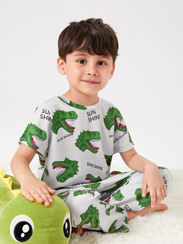 Toddler Boys Letter Dinosaur Print Tee & Pants Lounge Set SHE