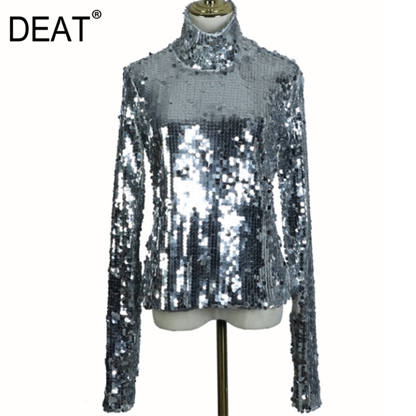 DEAT New Spring Fashion Women Turtleneck Full Sleeves Sequins Slim Tshirt Femael Sliver Brling Top WC83910S T200110