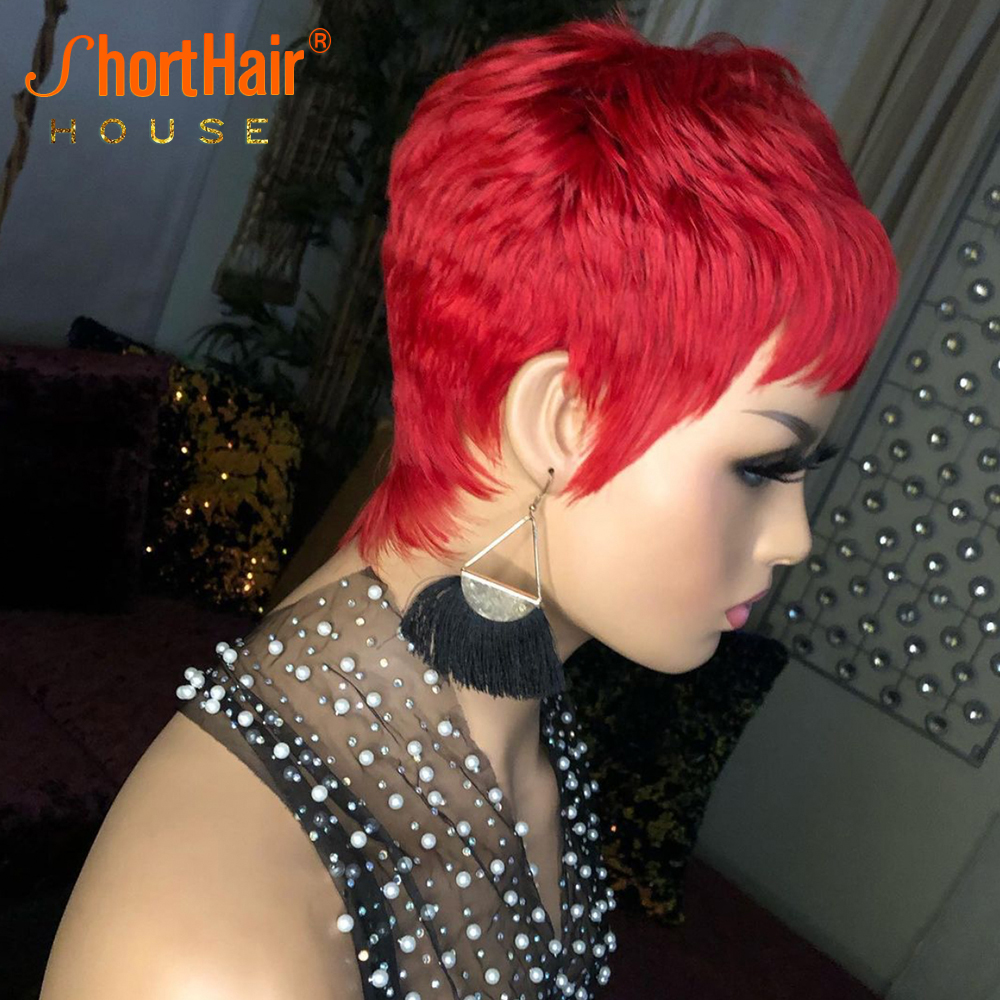 Red Color Short Bob Pixie Cut Wig Full Machine Made No Lace Front Human Hair Wigs With Bangs For Black Women