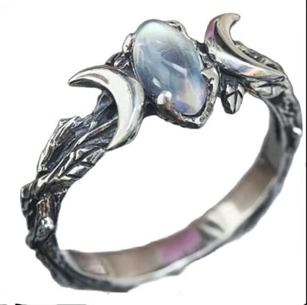 Vintage Silver Bohemian Jewelry Natural Moonstone Gemstone Moon Ring Engagement Party Wedding Jewelry Ring GC891