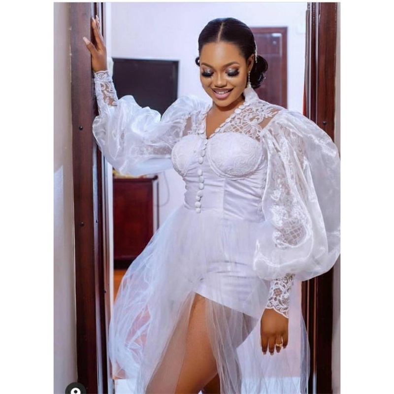 White A-e Dresses Bateau Neck Long Sleeves Lace Satin Chiffon Ruffles Appliques Backless Sequins or Length Plus Size Custom Made Wedding Gowns