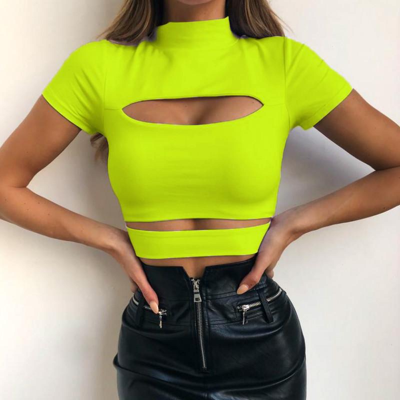 Women's T-Shirt Summer Crop Top Women Solid Black Green Tops Hollow Out Clothing Casual Tee Ladies Shirts