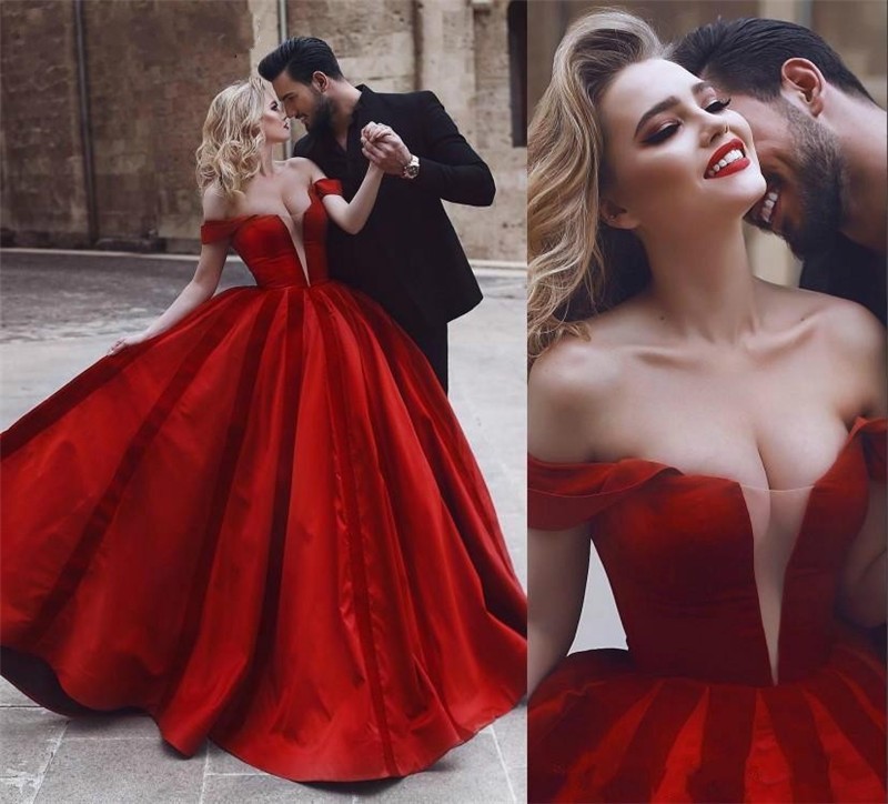 Red Sexy Sweethear Ball Gown Evening Dress Off Shoulder Satin Floor Length Custom Made Princess Bridal Dress Robe De Mariée