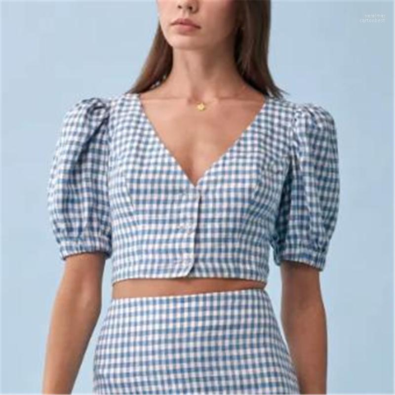 Women' Blouses & Shirts Sexy Crop Tops Women 2022 Fashion Summer Vintage V Neck Blouse Short Sleeve Blue Plaid For Button Up Elegant Vere22
Women' Blouses & Shirts Sexy Crop Tops Women 2022 Fashion Summer Vintage V Neck Blouse Short Sleeve Blue Plaid For Button Up Elegant Vere22
