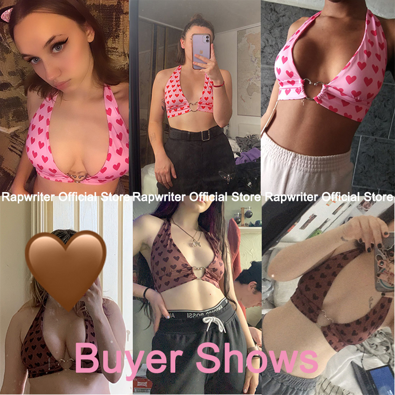 Rapwriter y2k Pink Sweet Heart Print Bustier Crop Top Women Summer Aesthetic Kawaii Sleeveless Backless Tie Up Halter Camis 220316