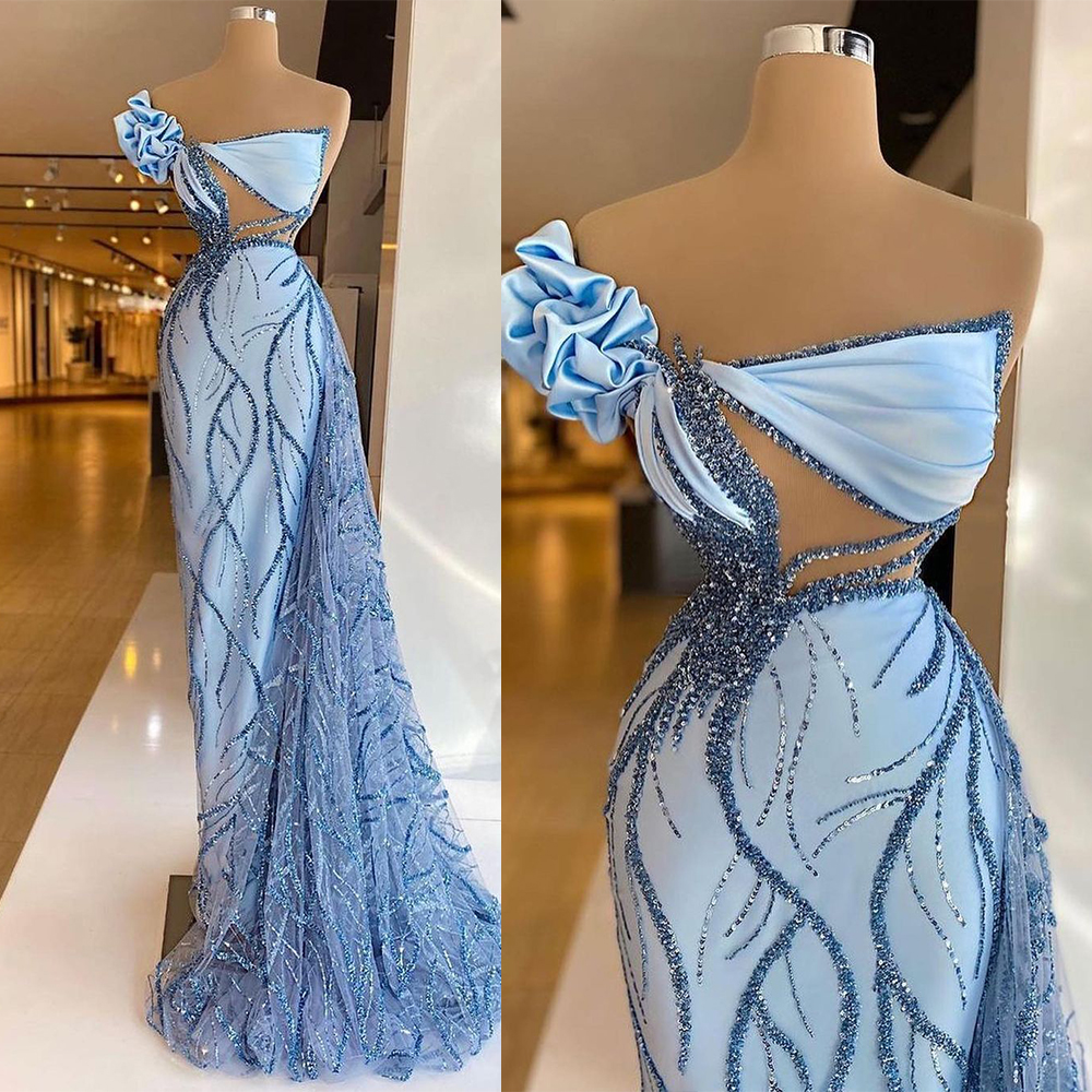 Blue Sexy Mermaid Prom Dresses V Neck Sequins Beads Appliques Satin Sleeveless One Shoulder Floor Length Lace Train Evening Formal Dresses Girls Gowns