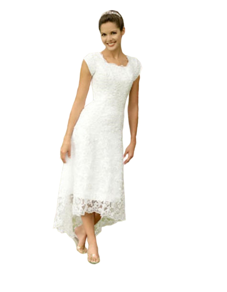 Beach Lace Wedding Dresses High Low Short Sleeves Square Tea Length Short Bridal Gowns A Line Country Wedding Dresses