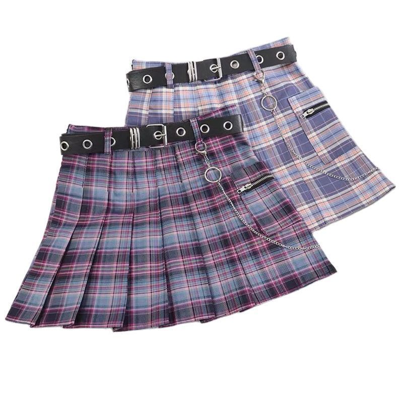 Harajuku Plaid Skirt Women Punk y2k High Waist Mini Tennis Skirts Uniform Chain Pocket A-line Streetwear Vintage Free Belt 220317