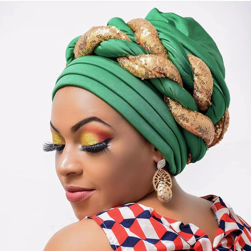 Arab Wrap Muslim Scarf Hijabs Turbans African Headtie Sequin Braid Hat for Women Pleated Beanie Headwrap Hair Accessories 220725