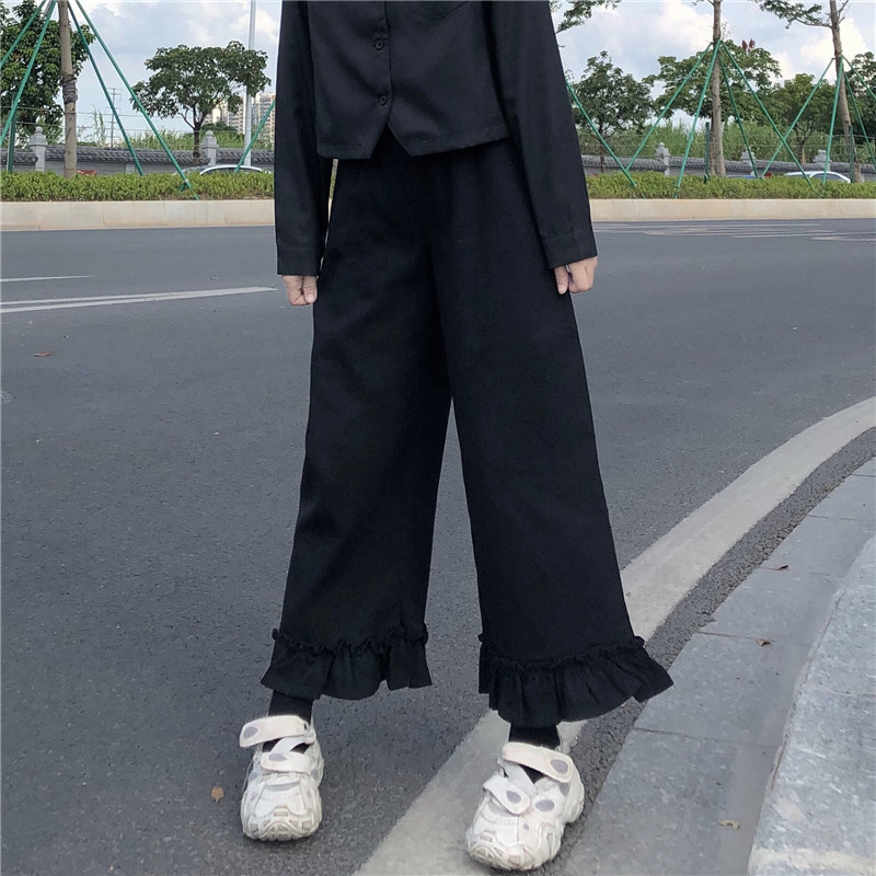 Japanese Kawaii Soft Girl Women Pants Sweet Ruffled Basis Wild High Waist Loose Trousers Elastic Casual Solid Student Pant 220325