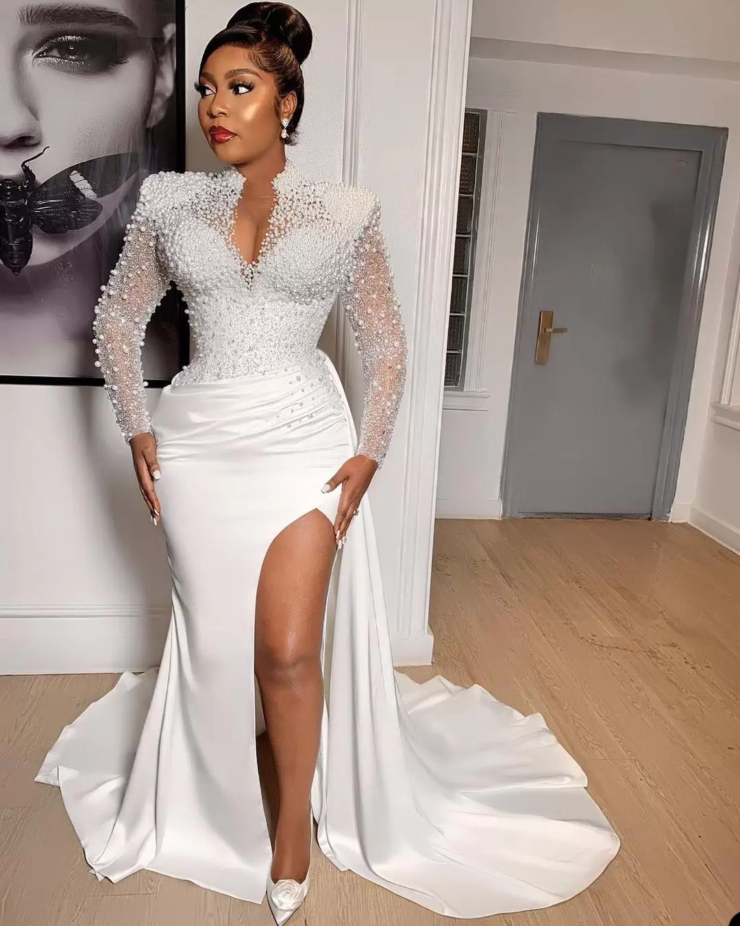 Mermaid Wedding Dresses Pearls Beaded Bridal Gown Long Sleeves Sweep Train Satin Side Slit Custom Made Plus Size Beach Vestido De Novia