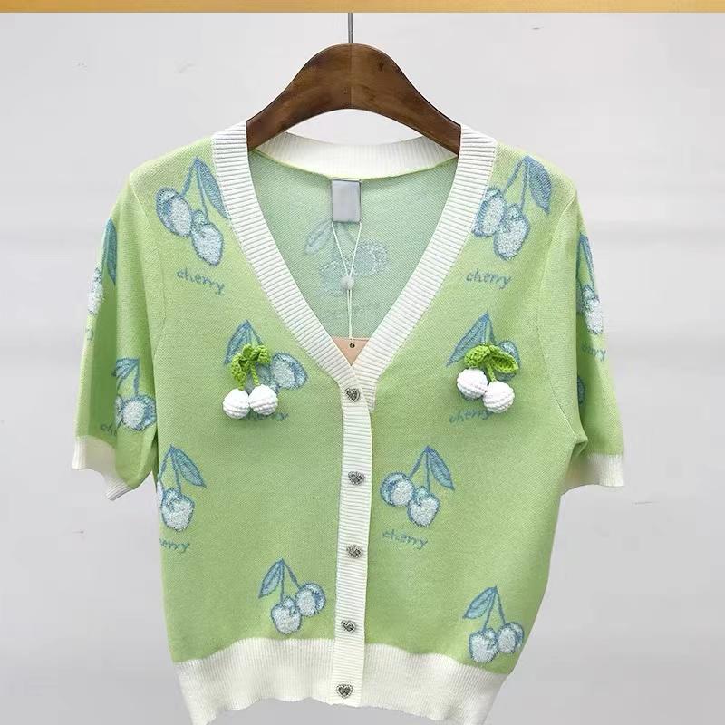 Women's Knits & Tees Summer Fashionable Vintage 3D Cherry V-neck Sweater Women Casual All-match Knitted Short-sleeved Cardigan Womens TopsWo, Green
Women's Knits & Tees Summer Fashionable Vintage 3D Cherry V-neck Sweater Women Casual All-match Knitted Short-sleeved Cardigan Womens TopsWo, Green