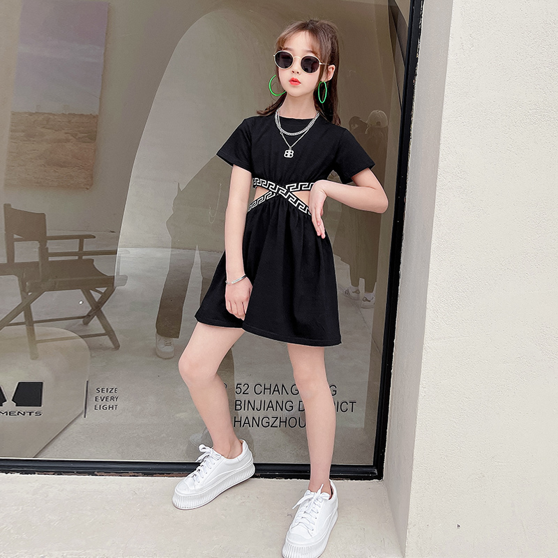 Girls Summer Dresses Black ALine Geometric Pattern Knit Waist Hollow Cut Sports Casual Dress 314Y Childrens Girl Clothing 220707